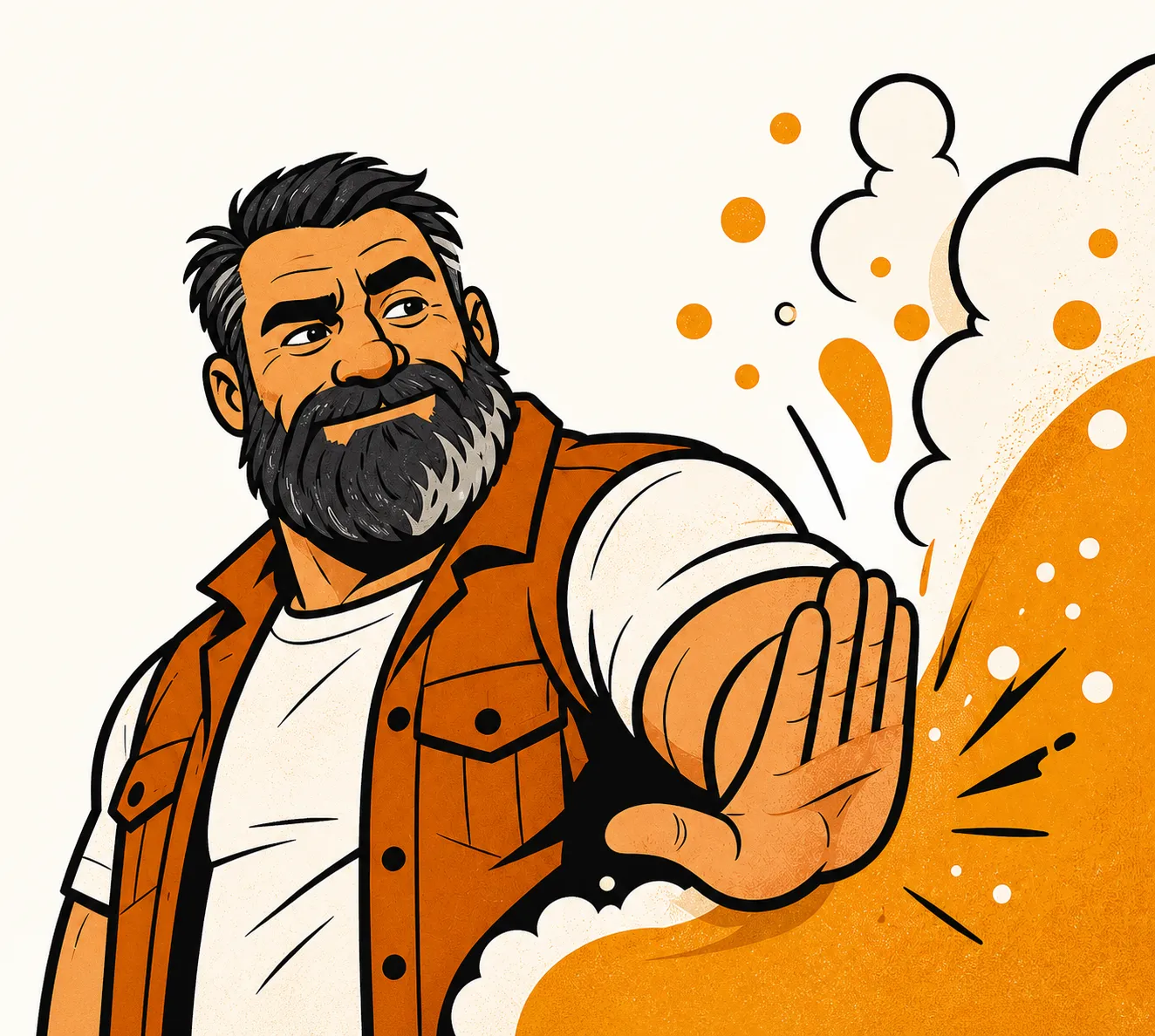 Gus, Beerless's rugged bearded foam fighter mascot, stopping an abstract amber foam wave