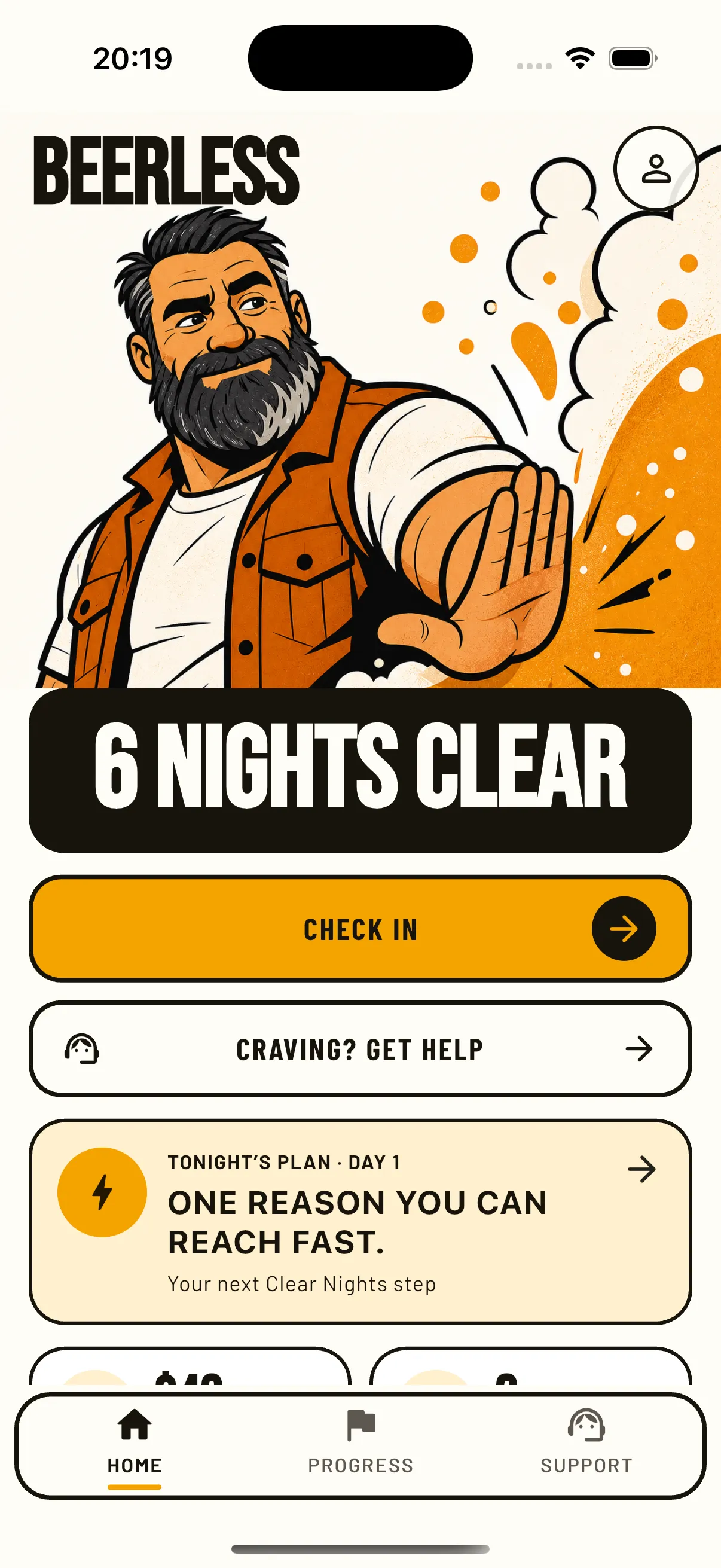 Beerless home screen showing six clear nights, check in, craving help, tonight's plan, and the Night Map